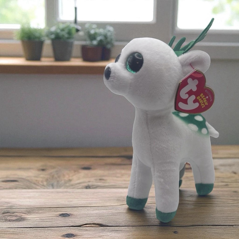 TY Beanie Baby PEPPERMINT Reindeer Stuffed Plush Toy Fawn White Green 2017 6"‎